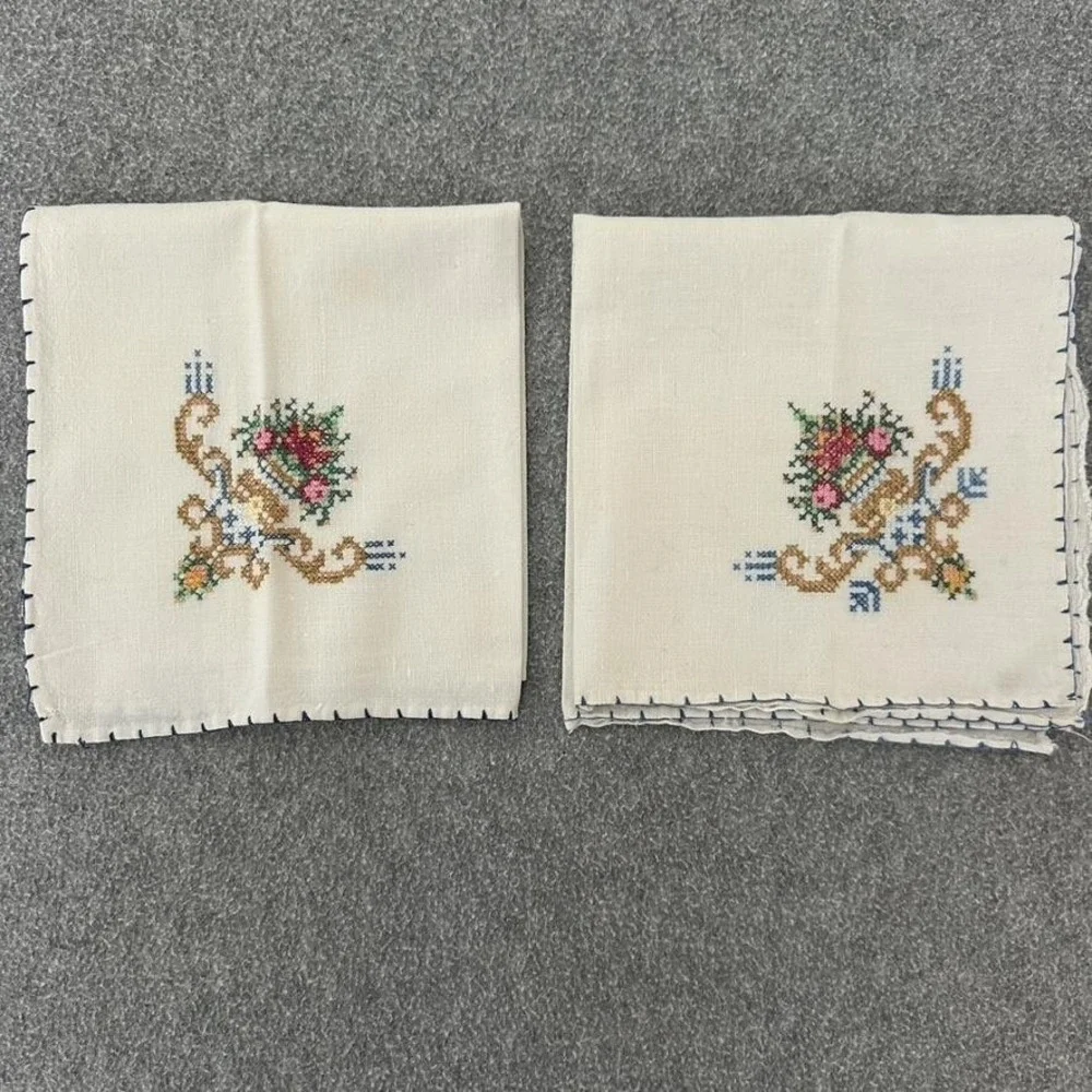 Vintage Embroidered Linen Napkins Set Floral Cross‎ Stitch Trim 12